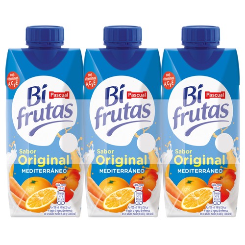 BIFRUTAS Leche con zumo de frutas mediterráneas y 0% materia grasa 3 x 330 ml.