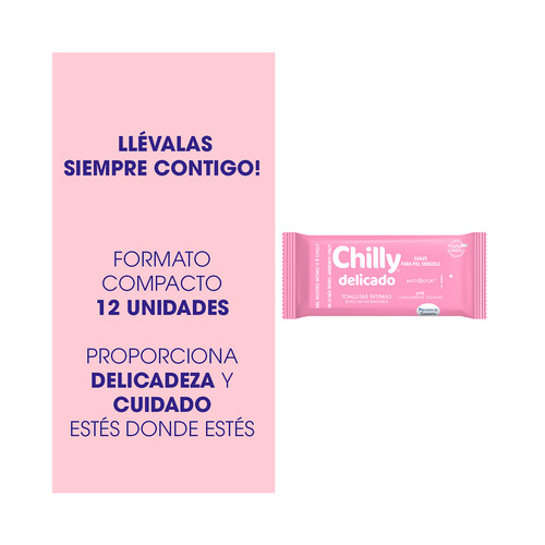 CHILLY Toallitas humedas biodegradables, para higiene intima, fórmula suave CHILLY 12 uds.