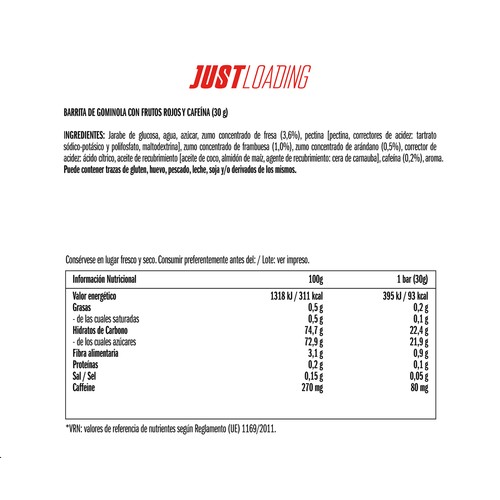 JUST LOADING Barritas energéticas de gominolas con frutos rojos con cafeína LOADING 3 uds. x 30 g.