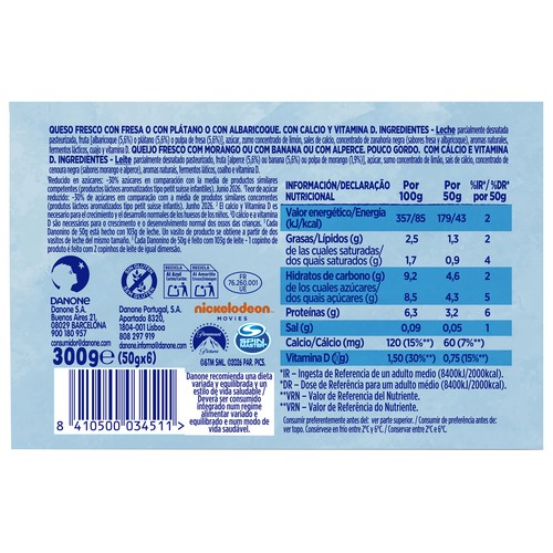 DANONIO Petit (queso fresco) con fresa (2), plátano (2) y albaricoque (2) 6 x 50 g.