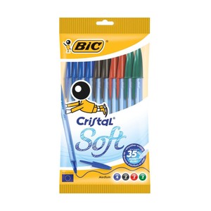 Imagen de 10 bolígrafos punta media, grosor 1.2mm, tinta base de aceite en varios colores BIC Cristal soft.