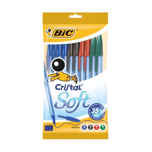 10 bolígrafos punta media, grosor 1.2mm, tinta base de aceite en varios colores BIC Cristal soft.