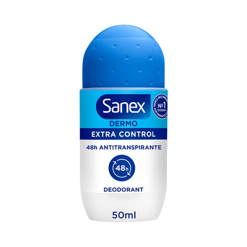 Desodorante roll on para mujer con protección antitranspirante y anti manchas SANEX Dermo extra control 50 ml.