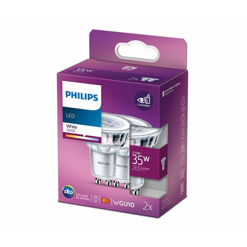 Bombilla Led GU10, 3,5W=35W, luz cálida 3000K, 265lm, PHILIPS.