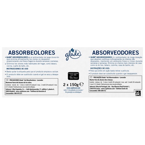 GLADE Lavender Ambientador absorbeolores con fragancia infusionada con aceites esenciales 2 x 150 g.