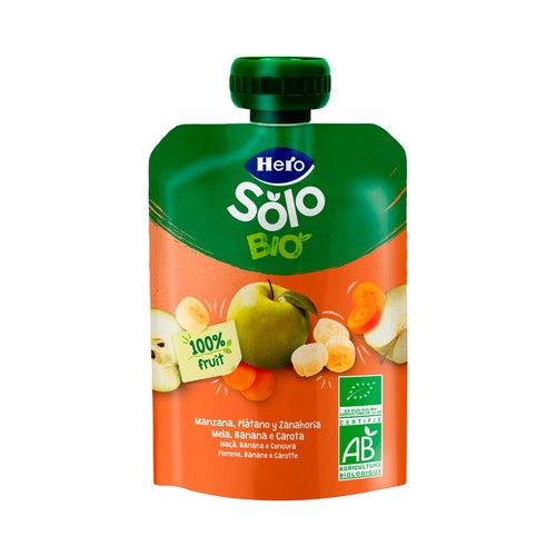 HERO Solo Bio Bolsita de frutas y hortalizas (manzana, plátano y zanahoria) ecológicas, a partir de 4 meses 100 g.