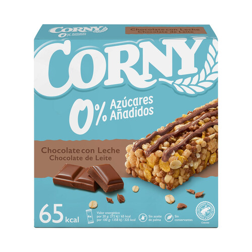 CORNY Barritas de cereales con chocolate con leche, sin azúcares añadidos 6 x 20 g.