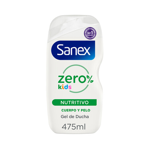 Gel nutritivo para ducha o baño, para cuerpo y pelo SANEX Zero% Kids 475 ml.