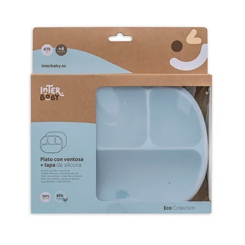 Plato de silicona con ventosa y tapa, color azul, INTERBABY.