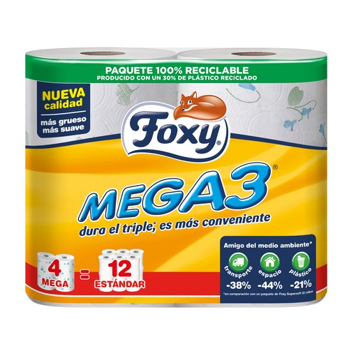 FOXY Mega 3  Papel higiénico triple capa 4 rollos