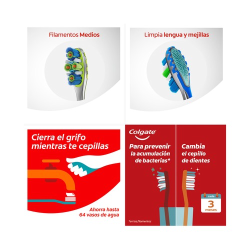 COLGATE 360 Advanced Cepillo de dientes medio, con 4 zonas de acción que ayudan a eliminar las bacterias bucales.