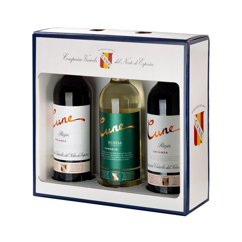 Estuche con botellas de vino tinto crianza con DOC Rioja y botella de vino blanco con DO Rueda CUNE.