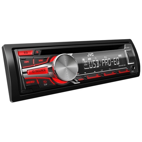 Autorradio JVC KD-R451E 4x50W con sintonizador de radio AM/FM, lector de CD, tarjetas de memoria, USB y conector auxilar 3,5(mm).