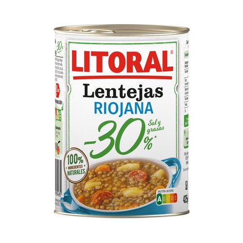 LITORAL Lentejas a la Riojanas con un 30% menos de sal y grasas lata 425 g.