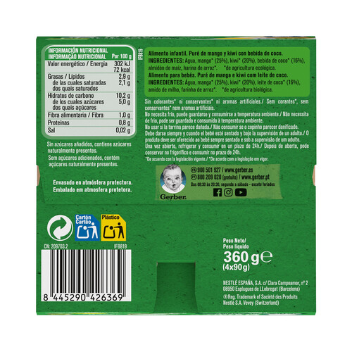 GERBER Postre 100% vegetal infantil con bebida de coco, mango y kiwi ecológicos, a partir de 6 meses GERBER Organic 4 x 90 g.