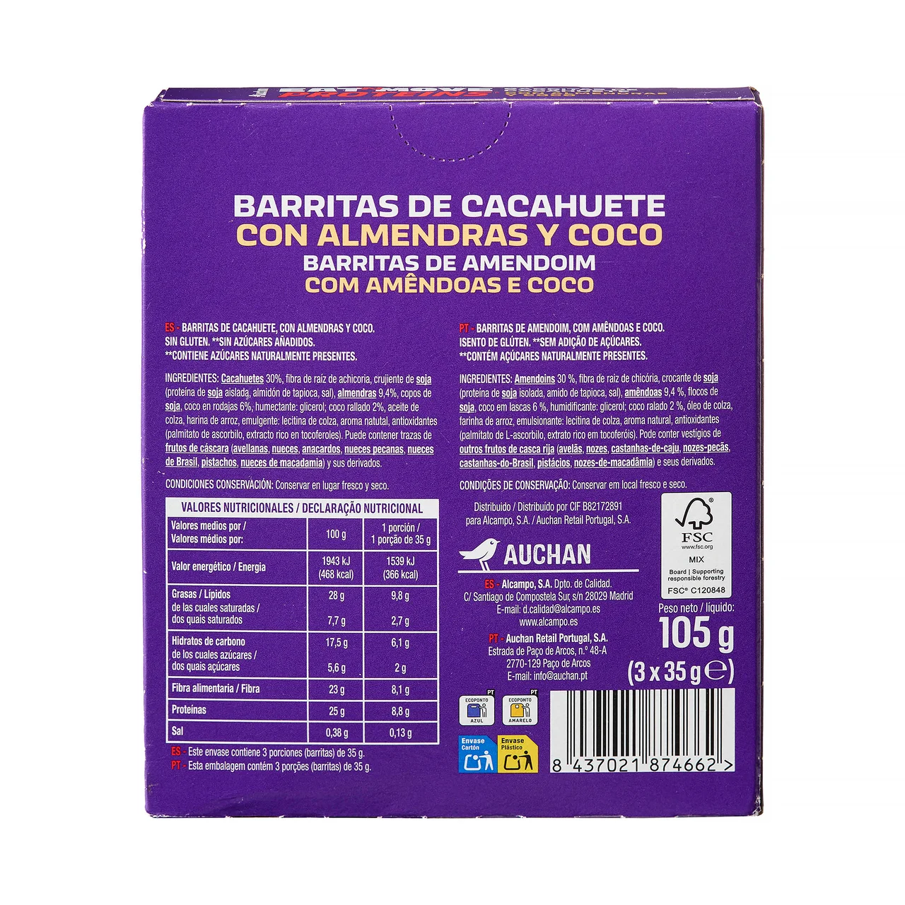 PRODUCTO ALCAMPO Barrita proteica de cacahuete eat&move 3 uds X 105 g.