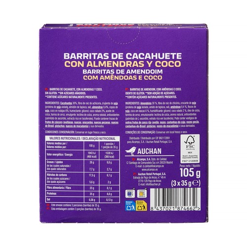PRODUCTO ALCAMPO Barrita proteica de cacahuete eat&move 3 uds X 105 g.