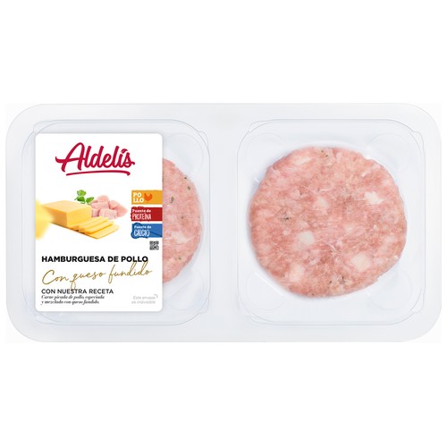 Bandeja de hamburguesas de pollo con trocitos de queso fundido ALDELÍS 4 x 80 g.