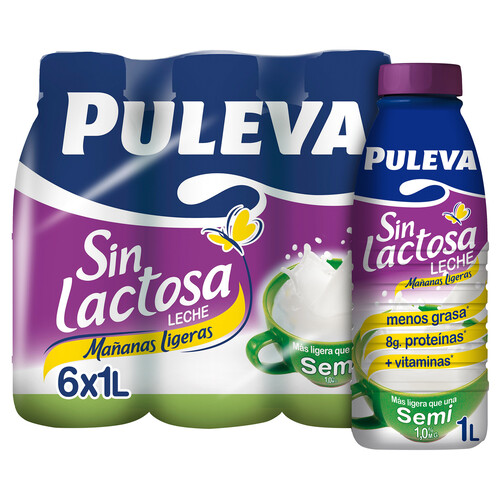 Leche semidesnatada de vaca, sin lactosa PULEVA Mañanas ligeras 6 x 1 l.