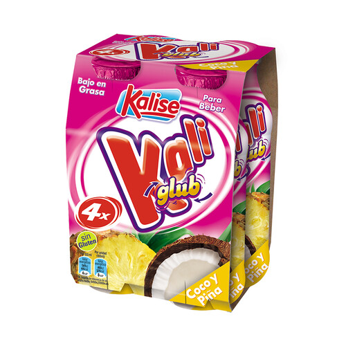 KALISE Yogur líquido con coco y piña, sin gluten y bajo en grasa  Kaliglub 4 x 165 ml.