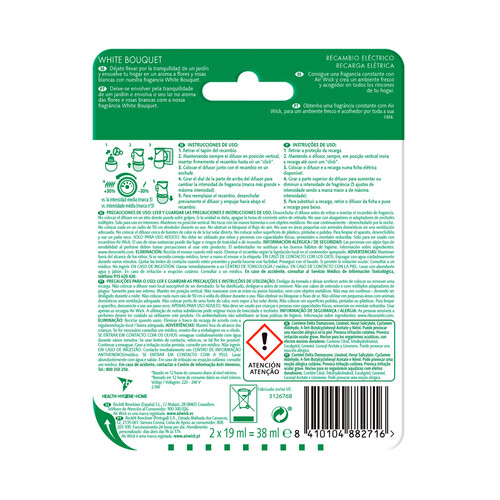 AIR WICK Ambientador eléctrico Whiite Bouquet- Recambios AIR WICK ESSENTIAL OILS 2 x 19 ml.