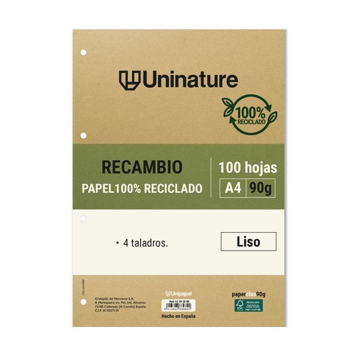 Recambios de papel A4 100 hojas 90g liso UniNature GRAFOPLAS.