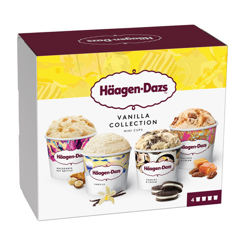 HÄAGEN-DAZS Mini tarrinas de helado de vainilla con caramelo, cookies, o nueces de Macadamia 4 x 100 ml.