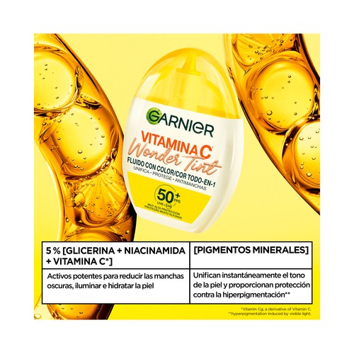 GARNIER Vitamina C wonder tint Fluido solar con color (medio) y FPS 50+ (muy alto) 40 ml.