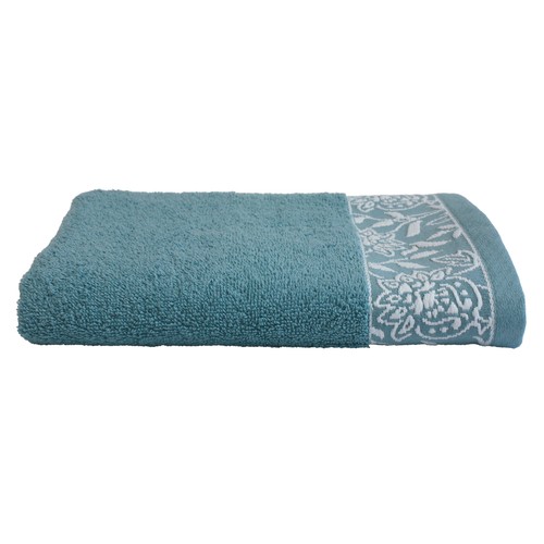 Toalla tocador de 450 gm, diseño cenefa jacquard, color azul verdoso, ALMEIDA.