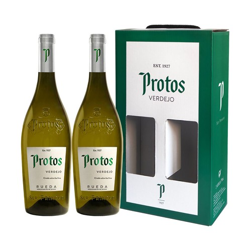 Estuche con 2 botellas de vino blanco verdejo con denominación de origen Rueda PROTOS.