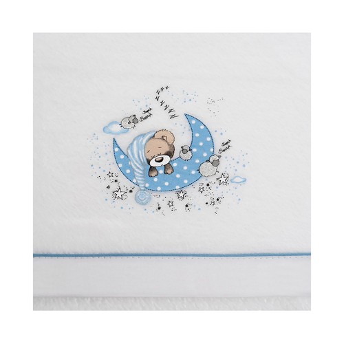 Tríptico de cuna en color blanco y detalles en azul, diseño de oso.