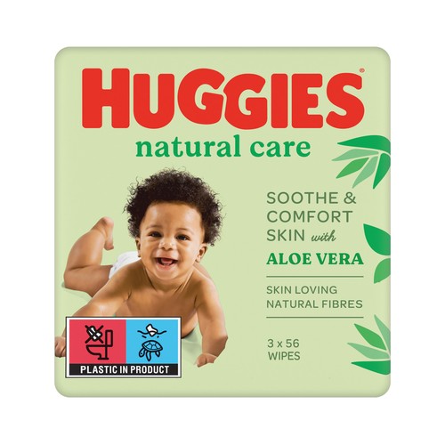 HUGGIES Toallitas humedas para bebé con aloe vera y fibras naturales que cuidan su piel HUGGIES Natural care 3 x 56 uds.