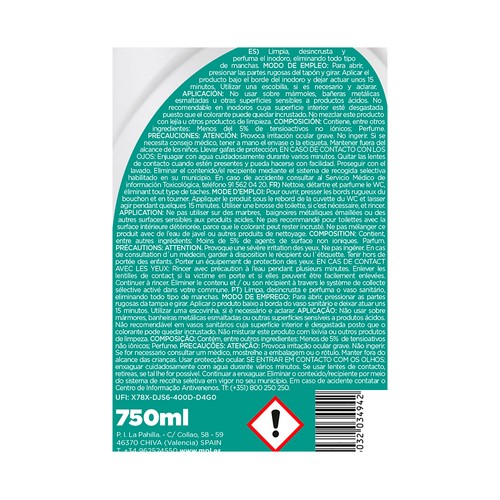 EKOSAN Gel limpiador WC líquido aroma pino 3 en 1 perfuma, higieniza y tiene efecto antical 750 ml.