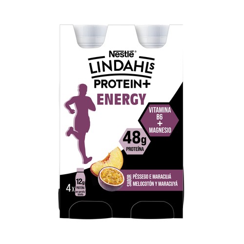 LINDAHLS Protein+ Energy Bebida láctea proteica de melocotón y maracuyá 4 x 160 ml.