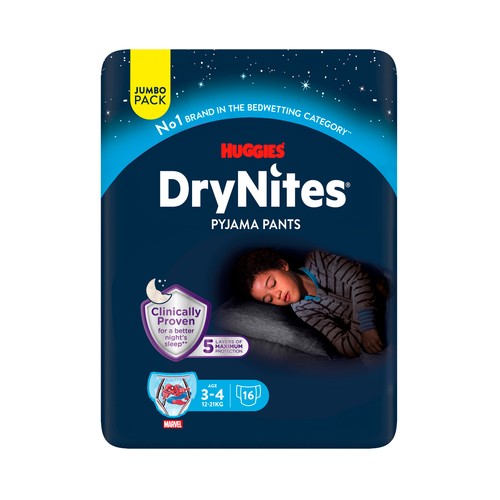 DRYNITES Pyjama pants Pañales de noche (calzoncillos absorbentes) talla 3-4 años, para niños de 12 a 21 kg. 16 uds.