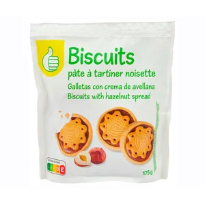 PRODUCTO ECONÓMICO ALCAMPO Galleta rellena de crema de cacao y avellana 175 g.