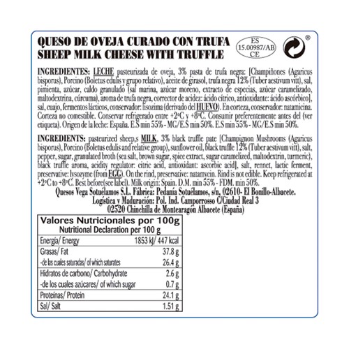VEGA  SOTUELAMOS Cuña de queso de oveja con trufa, cuña.