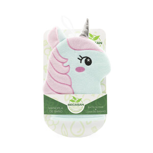 Imagen de BECASAN NATURE Guante (manopla) de baño infantil con forma de unicornio.