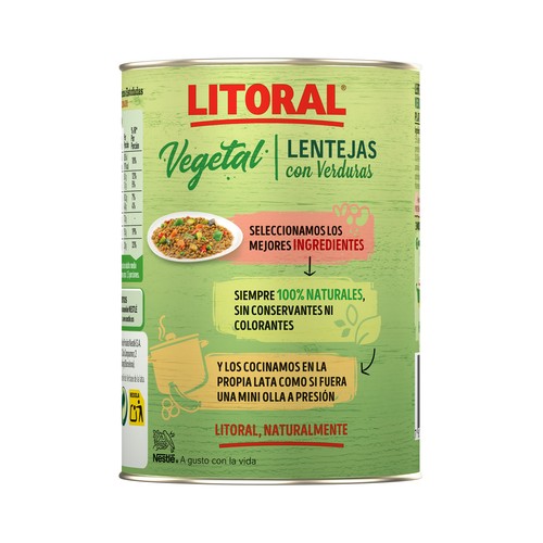 LITORAL Lentejas con verduras lata de 430 g.