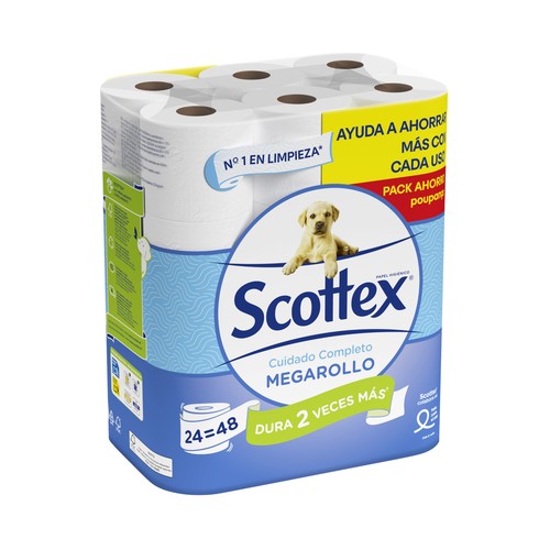 SCOTTEX Megarollo Papel higiénico que dura 2 veces más, con textura Onda suave 24 rollos.