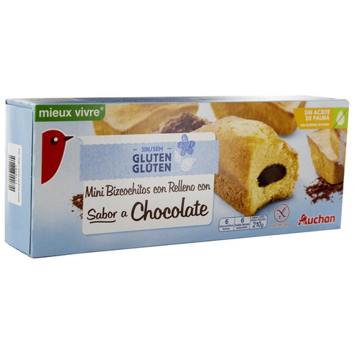 Bizcochito relleno de crema de cacao sin gluten PRODUCTO ALCAMPO, 210 g.