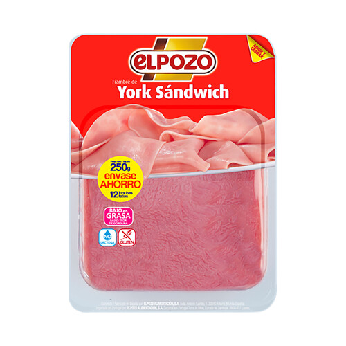 EL POZO Fiambre de York, especial sándwich, sin gluten y sin lactosa y cortado en lonchas EL POZO 250 g.