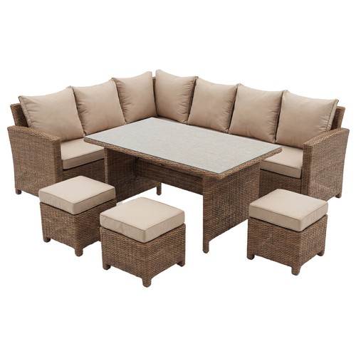 Conjunto 6 piezas con 2 sofás, 3 taburetes y mesa de aluminio y ratán color marrón/beige, incluye cojines, Estocolmo KACTUS