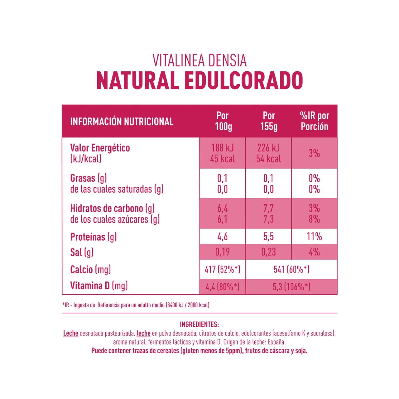 Yogur desnatado natural edulcorado, que ayuda a el control de la densidad ósea Vitalinea de Danone 4 x 120 g.