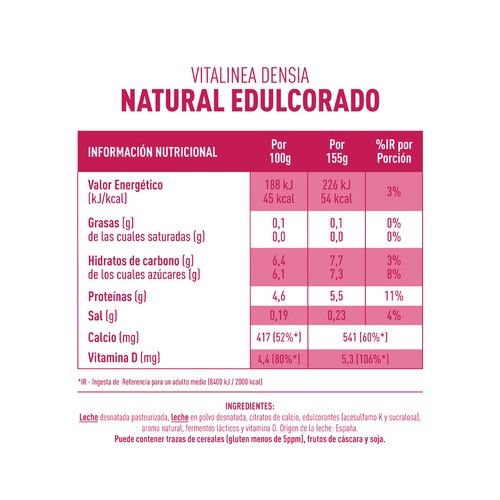 DENSIA Yogur desnatado natural edulcorado, que ayuda a el control de la densidad ósea Vitalinea de Danone 4 x 120 g.