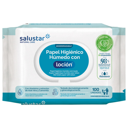 Toallitas para WC (papel higiénico húmedo) fabricadas con tejido biodegradable SALUSTAR 100 uds.
