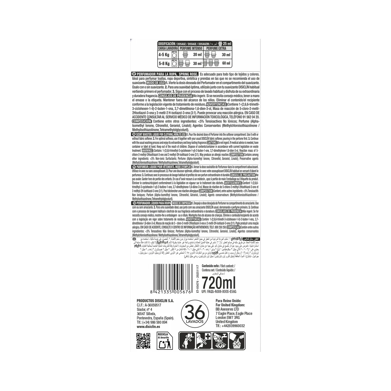 Perfumador líquido para ropa fragancia primavera rosa 720 ml.