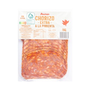 Imagen de AUCHAN Chorizo a la pimienta de categoria extra, sin gluten y cortado en lonchas 150 g. Producto Alcampo