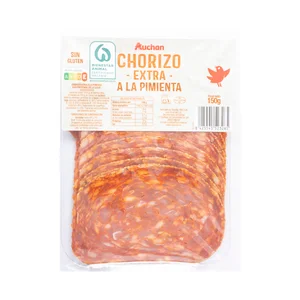 AUCHAN Chorizo a la pimienta de categoria extra, sin gluten y cortado en lonchas 150 g. Producto Alcampo