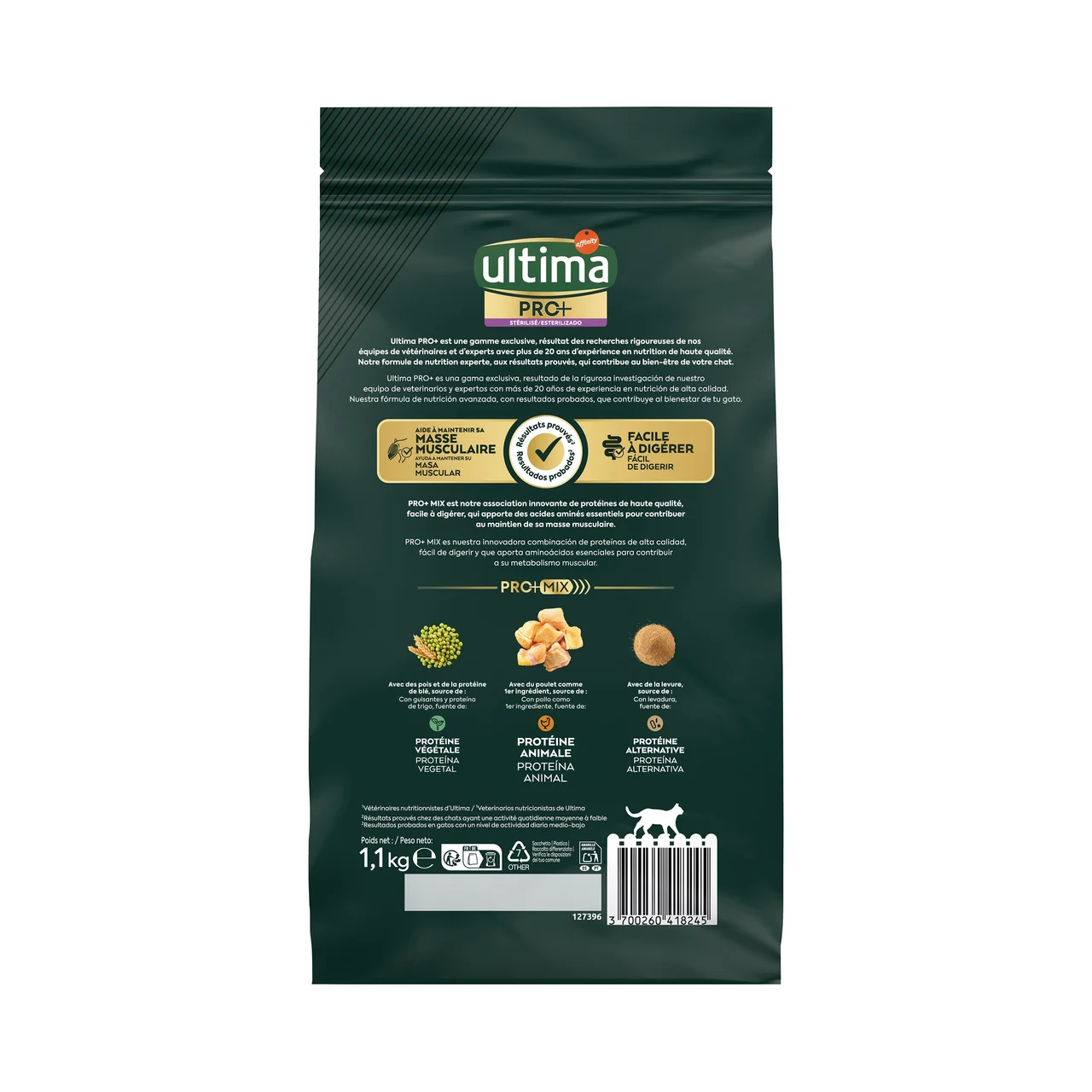 Pro+ Alimentación para gatos esterilizados,con pollo, alto en proteínas y sin azúcares añadidos 1.1 kg.